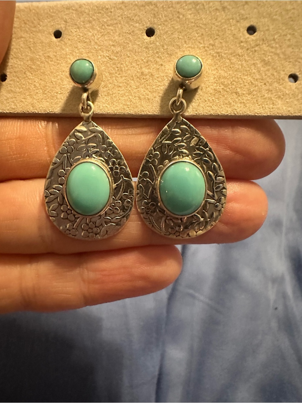 Turquoise Teardrop Silver Floral Drop Earrings - Women Jewelry